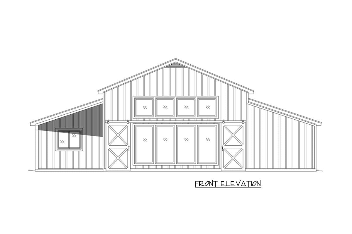 Front elevation drawing of a house plan featuring a gable roof, large sliding doors, and barn-style doors.