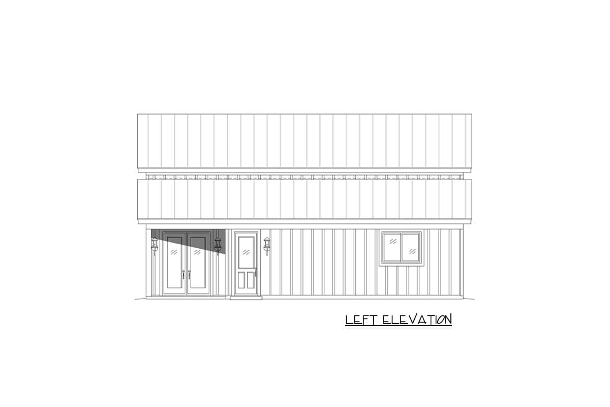 Left elevation of a two-story house plan featuring double doors, a single door, and one window on the main level.