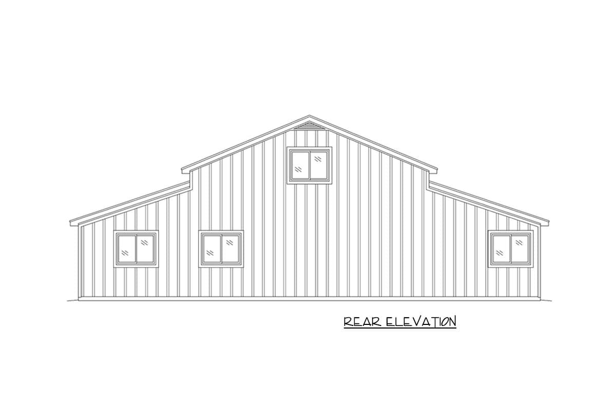 Rear elevation drawing of a house plan with vertical siding, gable roof, and five windows.