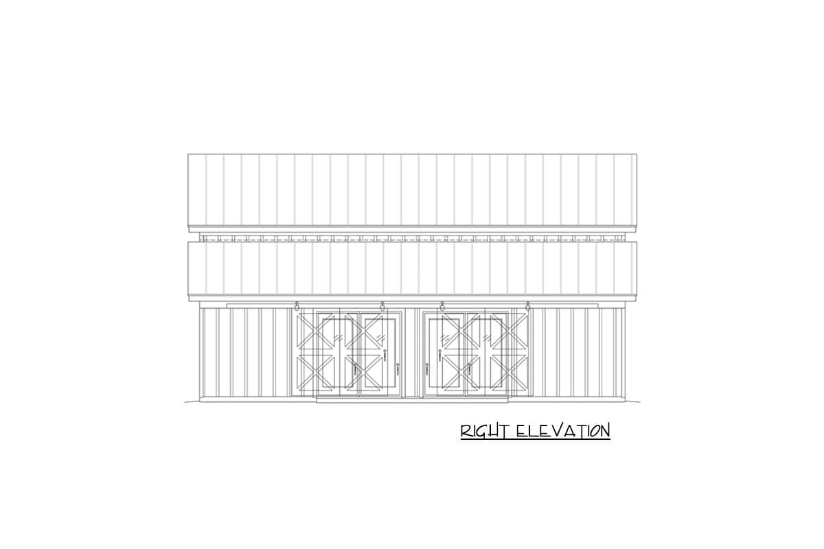 Right elevation drawing of a house plan showing double glass doors with cross detailing and multi-level siding.