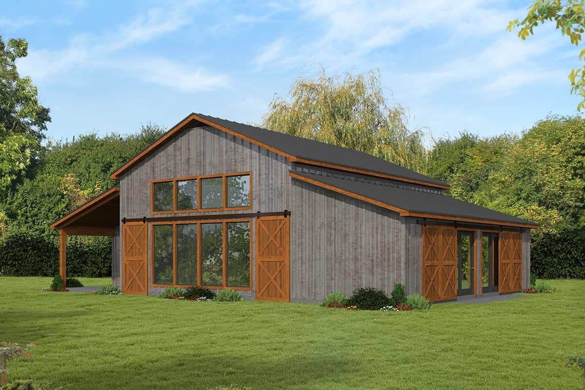 House plan exterior. Two-story barn-style house with shed-style roof, covered porch, and sliding barn doors.