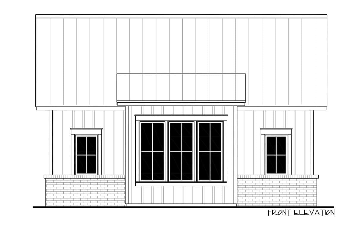 Front elevation drawing of a house plan featuring a metal roof, three large windows, two smaller windows, and brick foundation.