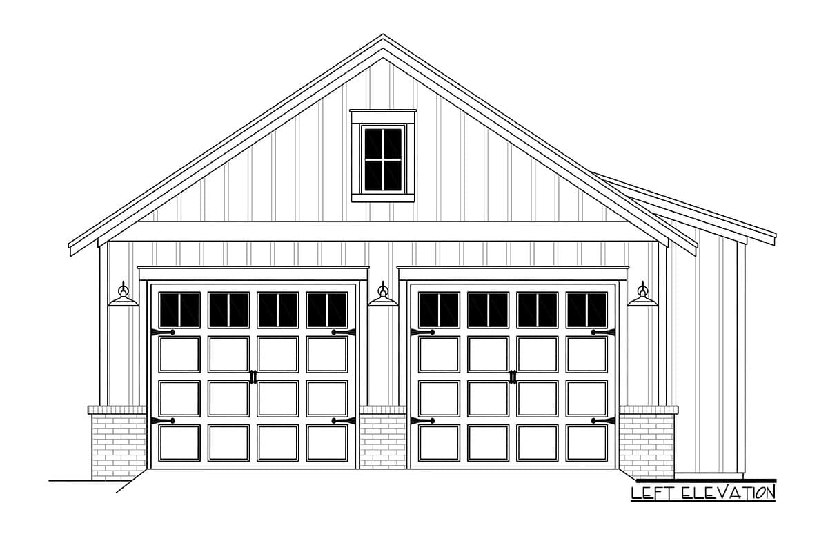 Left elevation house plan showing a two-car garage with carriage-style doors, vertical siding, and a gable dormer.