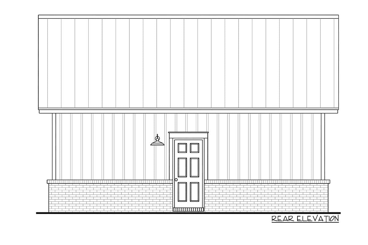 Rear elevation of a house plan showing a six-panel door, brick foundation, vertical siding, and overhang.