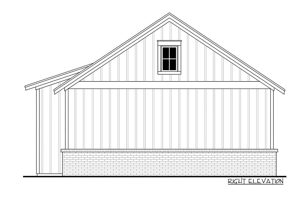 Right elevation house plan featuring vertical siding, a brick foundation, and a gabled dormer window.