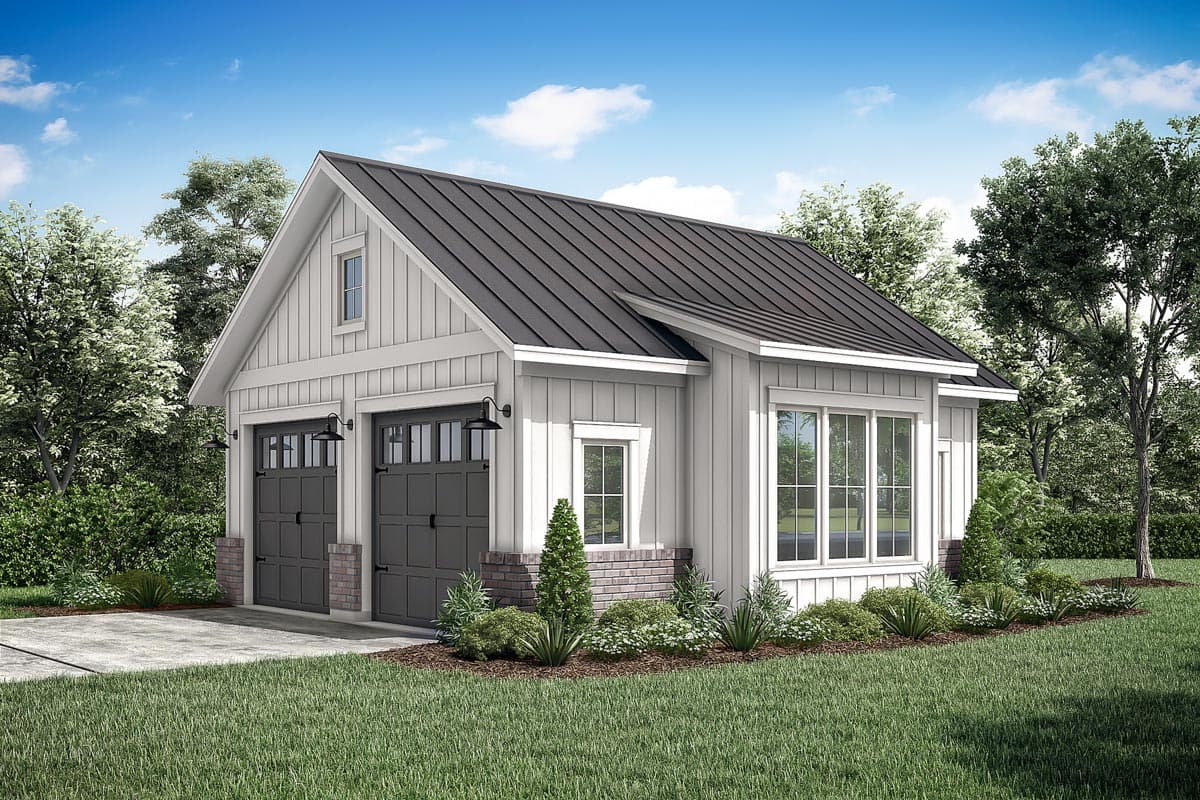 House plan exterior with board and batten siding, gabled roof, and two-car garage. Features include a metal roof, and exposed rafters.