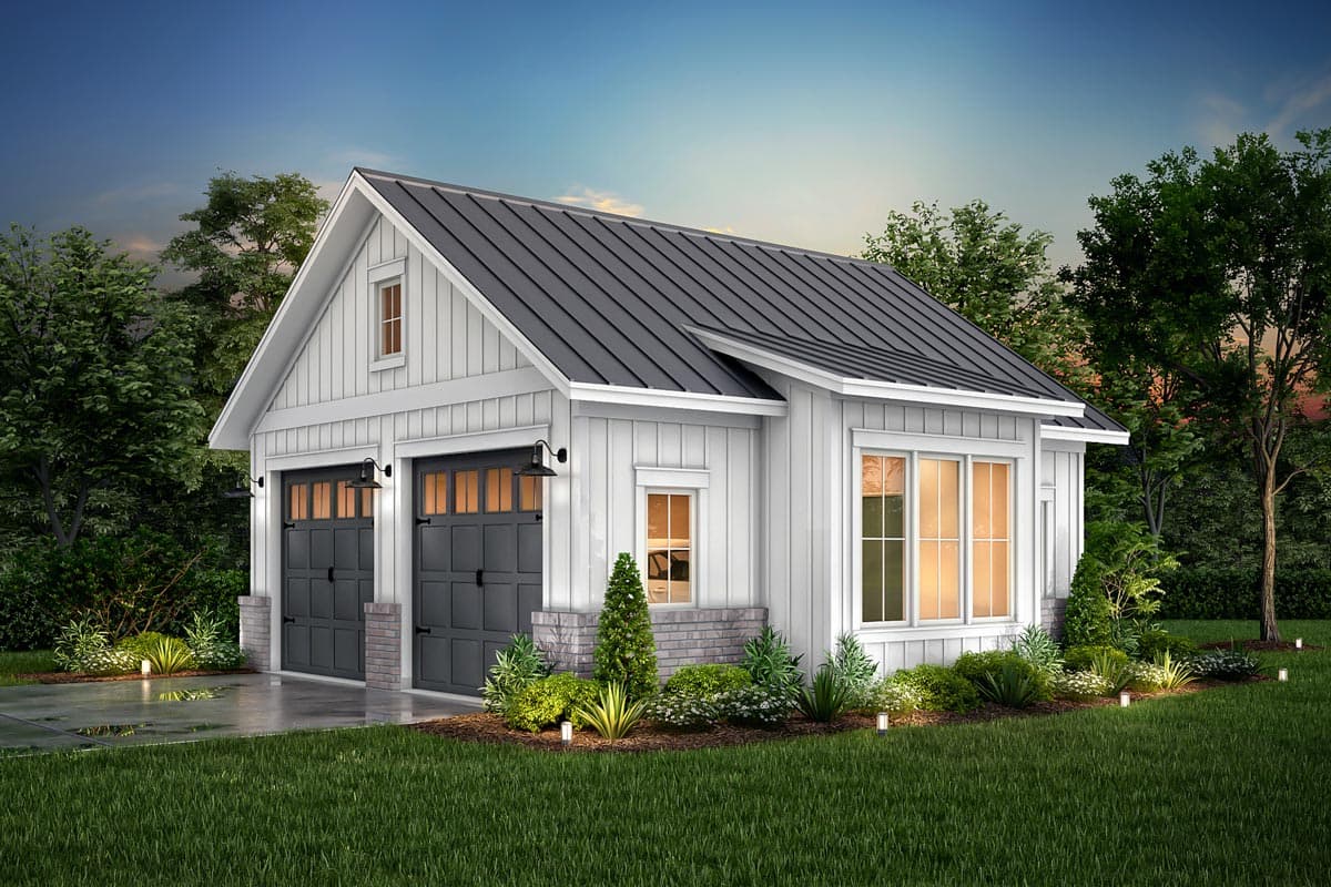 Modern Farmhouse style house plan exterior with two garage doors, metal roof, gable dormer, and large windows.