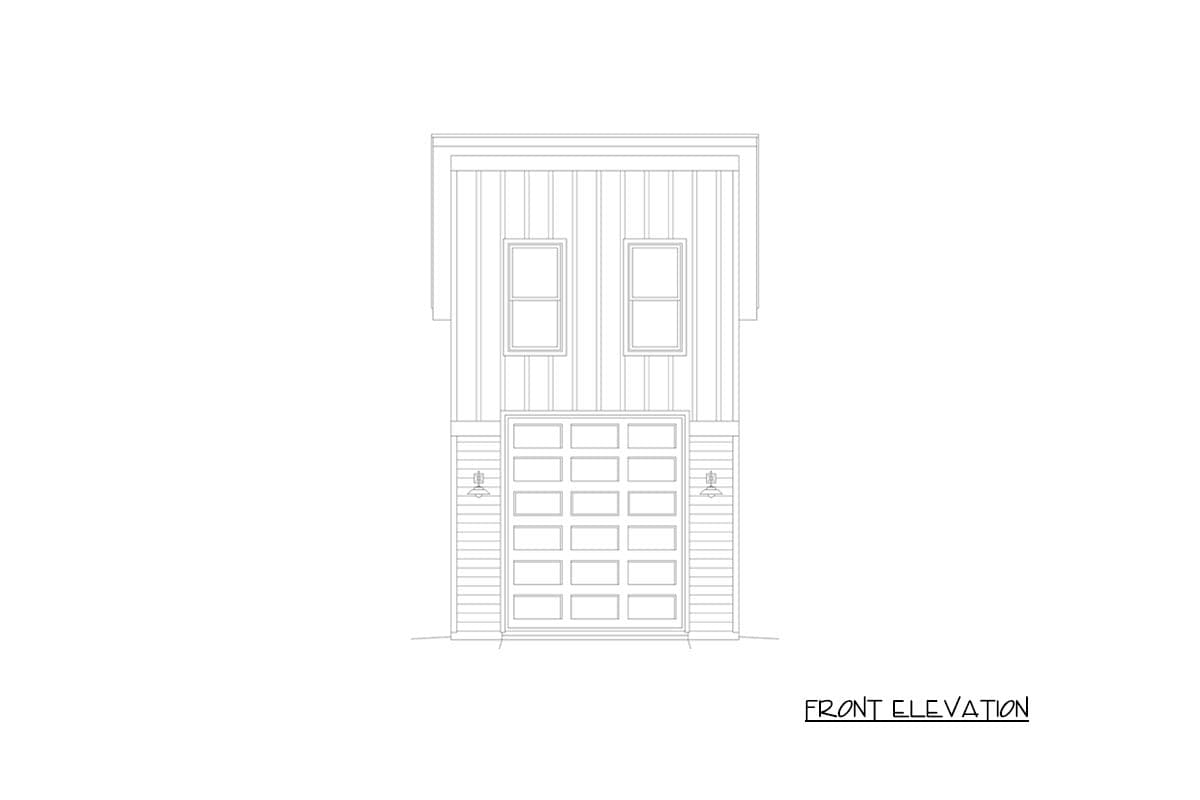 Front elevation drawing of a house plan featuring a multi-pane garage door, two upper windows, and exterior light fixtures.