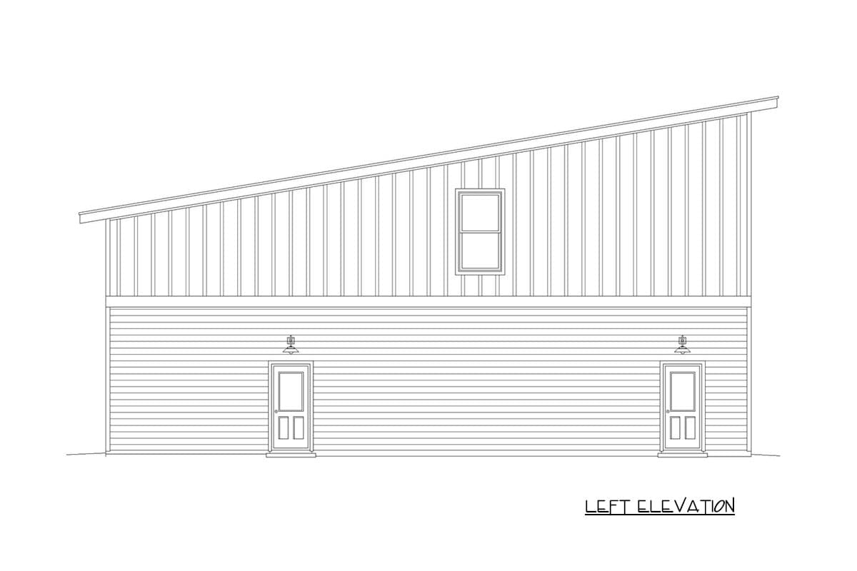 Left elevation drawing of house plan, showing two doors, a single window, and a shed roof.