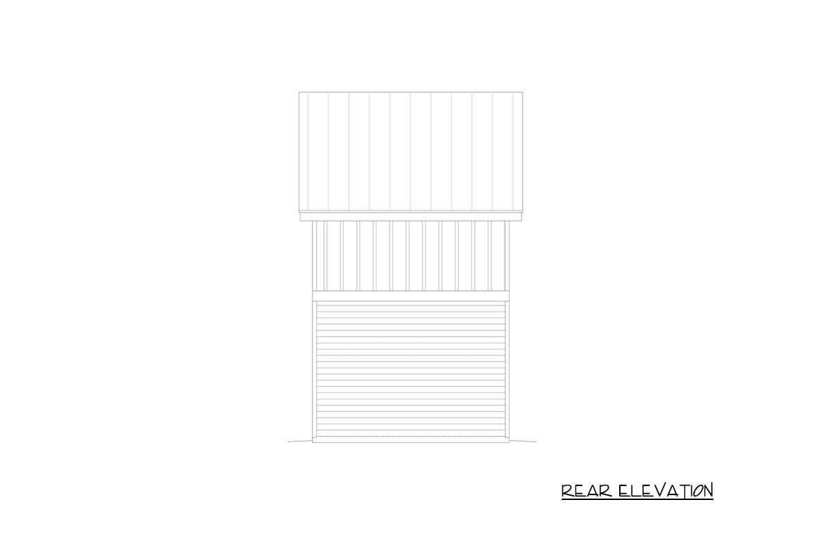 Rear elevation drawing of a house plan showing a garage door, railing, and vertical siding.