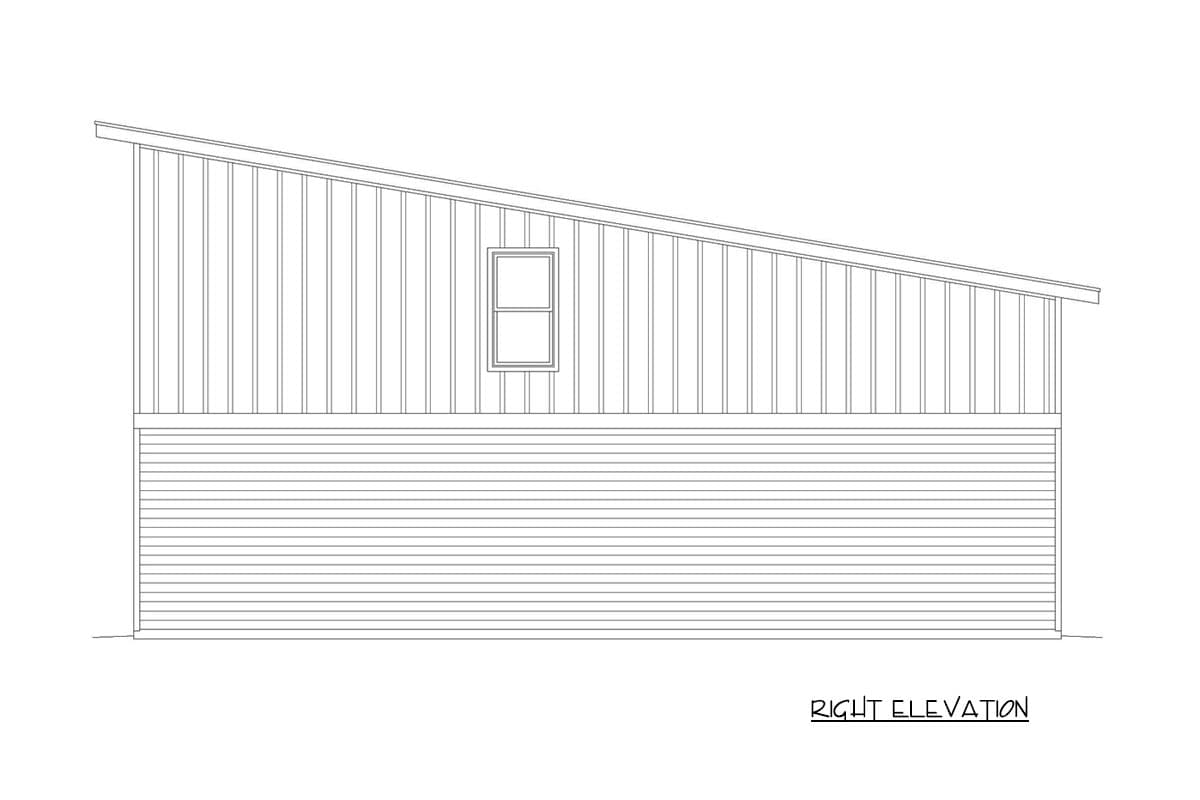 Right elevation drawing of a house with vertical siding on top, horizontal siding on bottom, and a single window under a sloped roofline.
