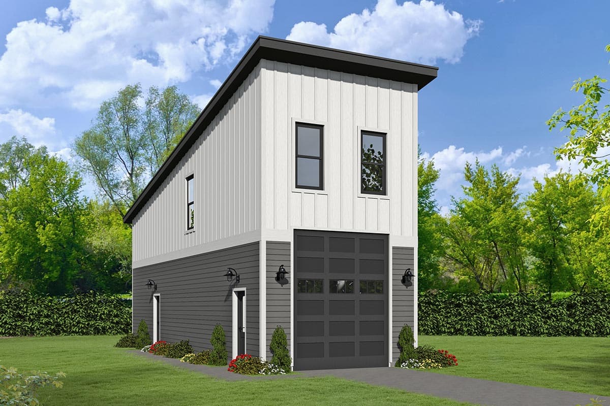 House plan exterior. Two-story Modern style garage plan with board and batten siding, flat roof, and two windows on upper level.