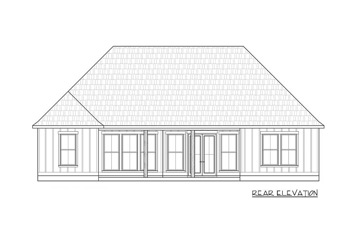 Rear elevation of a one-story house plan with a hip roof, five central windows, and two side windows.