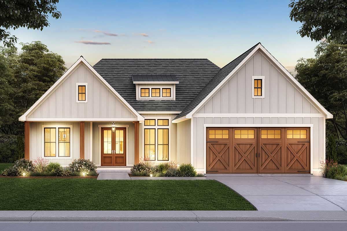 House plan exterior. Modern Farmhouse with gabled roof, two stories, and front-facing garage. Features include a covered porch and dormer windows.