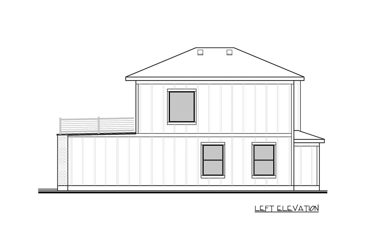 Left elevation drawing of a two-story house plan with a hipped roof, multiple windows, and a balcony.