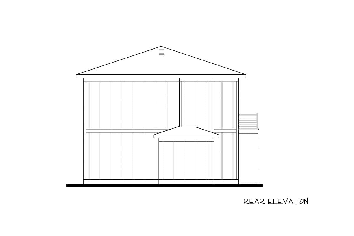 Rear elevation drawing of a two-story house plan featuring a hip roof, full-height windows, and a small projecting bay.