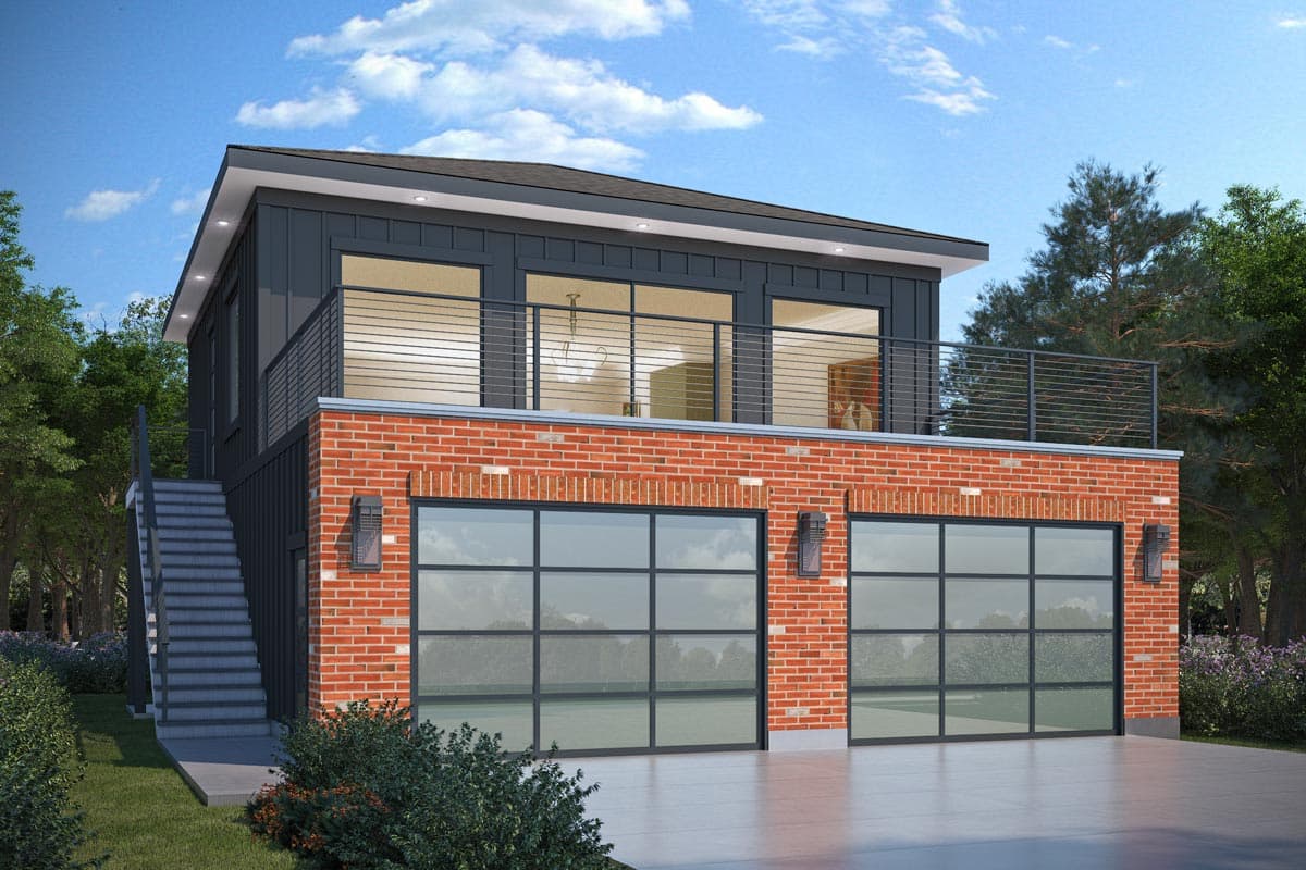 House plan exterior with two-story design, brick facade, and glass garage doors. Features include a balcony and metal railing, and a staircase.
