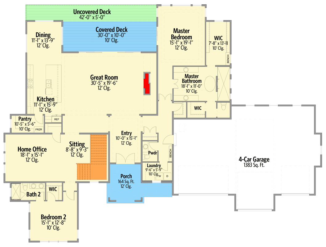 Plan 365014PED: Exclusive Transitional Home Plan with Rec Room and Home Office for a Rear Sloping Lot - Floor Plan - Main Level - Mountain, New American, Ranch, Transitional