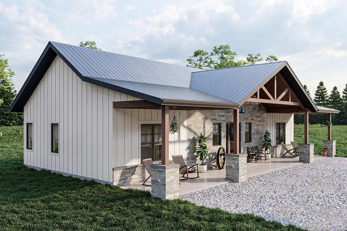 House plan exterior with vertical siding, stone accents, metal roof, and exposed rafter tails.