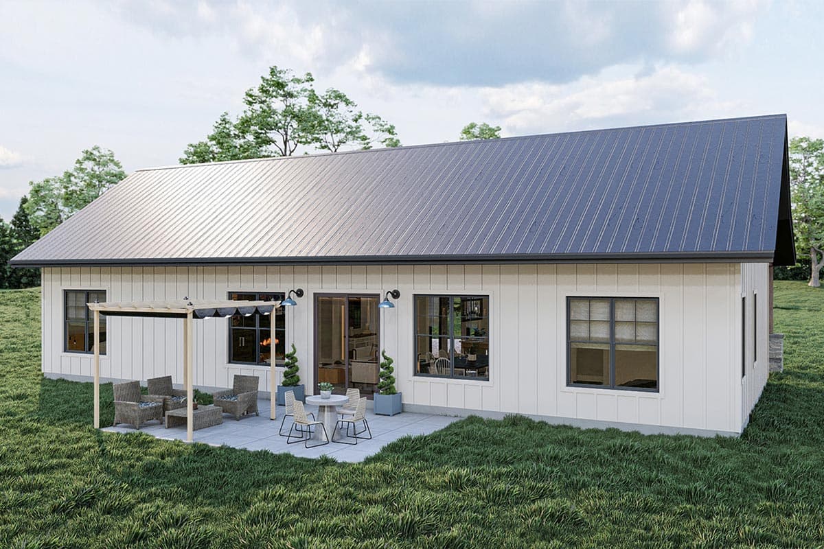 House plan exterior of a one-story Modern Farmhouse with white board and batten siding, metal roof, and patio with pergola.