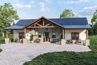 Rustic Ranch Home Plan with Cathedral Ceilings and a Broad Front Porch