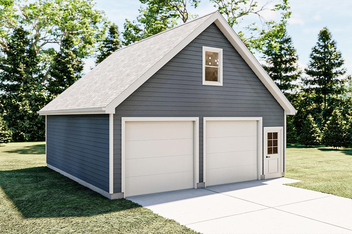 Two-car garage house plan exterior with gable roof, vinyl siding, two garage doors, and one pedestrian door.