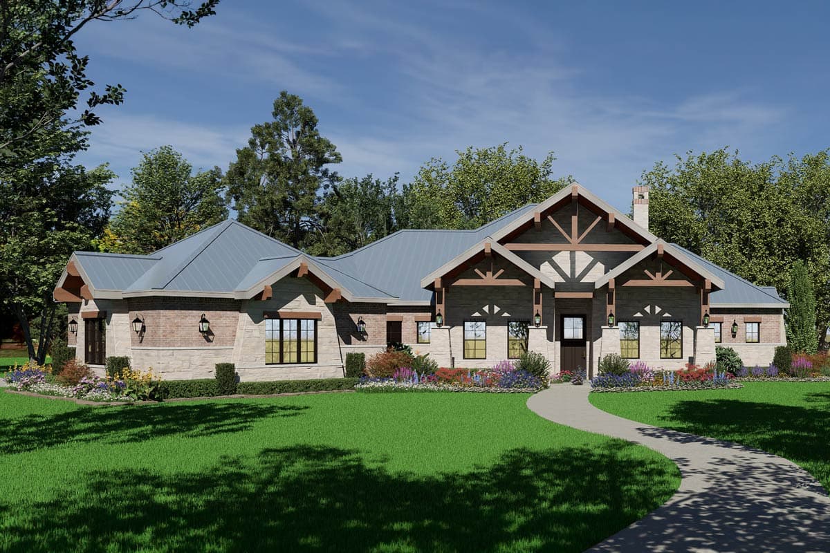 House plan exterior. One-story with a gable roof, timber framing, and stone and siding facade. Features a front entrance porch.