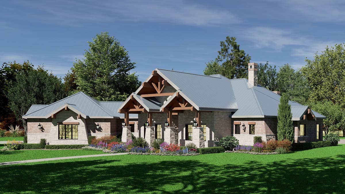 House plan exterior: Single-story Modern Farmhouse with stone and white brick facade, exposed timber framing, and dark gabled rooflines.