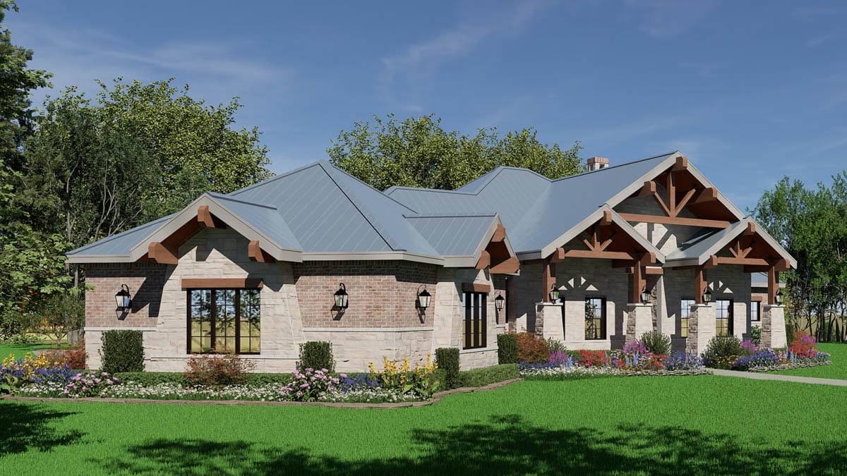 House plan exterior with a stone facade, dark metal roof, exposed wooden beams under gables, and white brick accents.