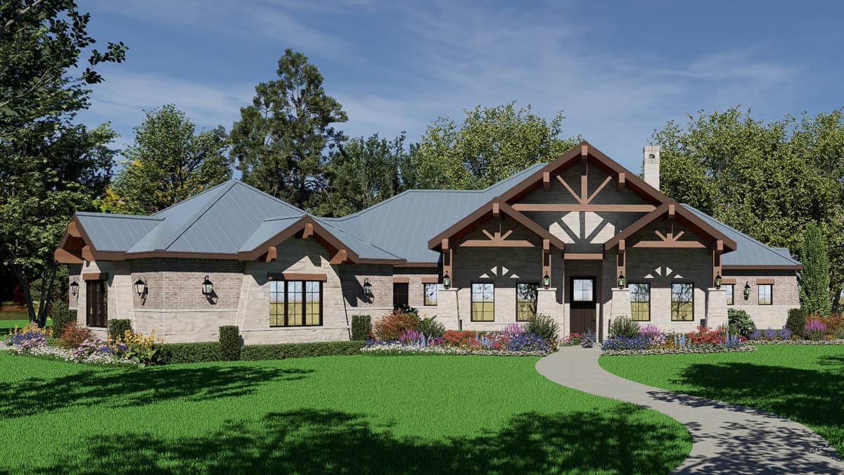 House plan exterior of a single-story Modern Farmhouse with a metal roof, large covered porch, and attached two-car garage.