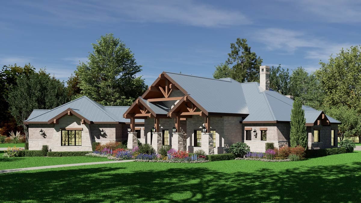 House plan exterior: Modern ranch with exposed wood beams, metal roof, stone accents, and swimming pool.