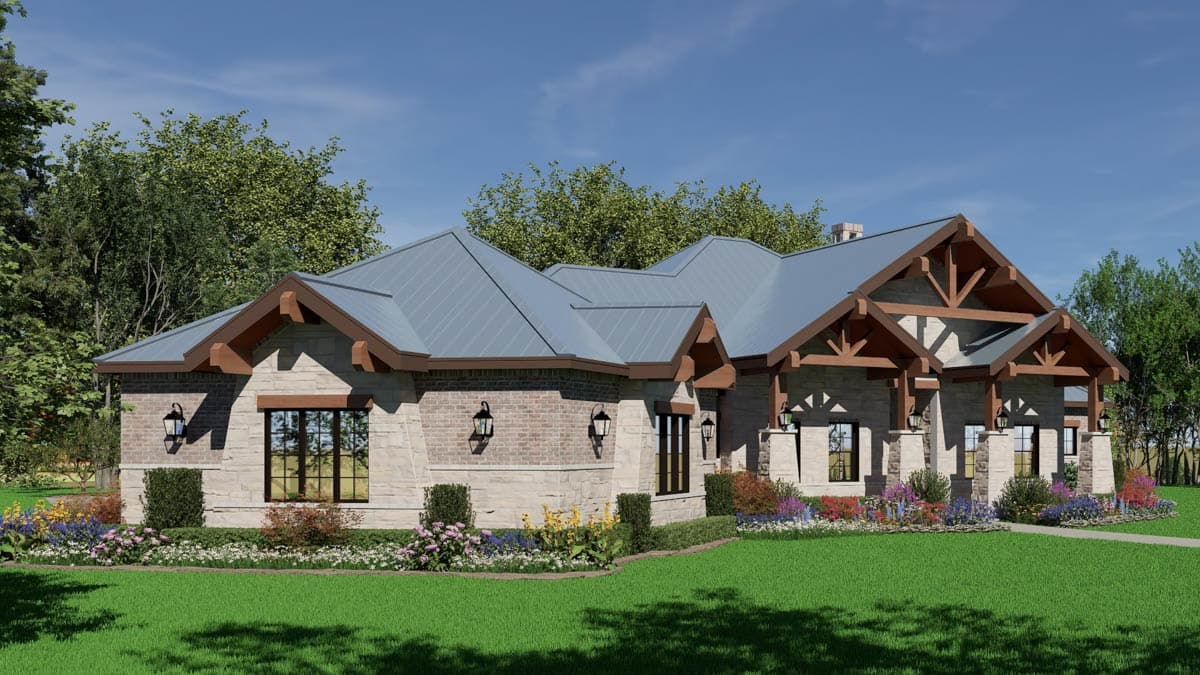House plan exterior: Modern style, white brick, metal roof, prominent timber-framed porte-cochere, stone chimneys.