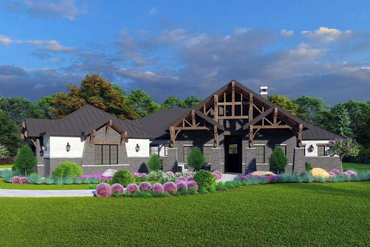 House plan exterior. One-story with a gable roof, timber framing, and stone and siding facade. Features a front entrance porch.