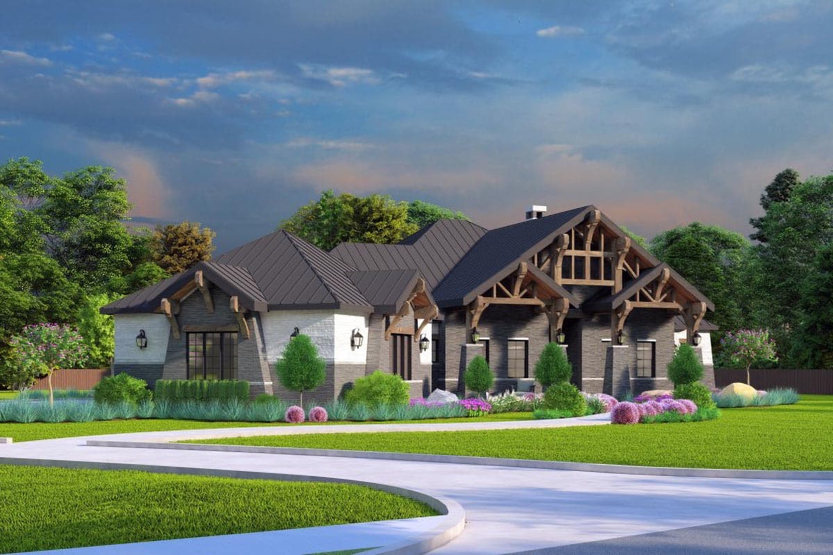 House plan exterior with a stone facade, dark metal roof, exposed wooden beams under gables, and white brick accents.