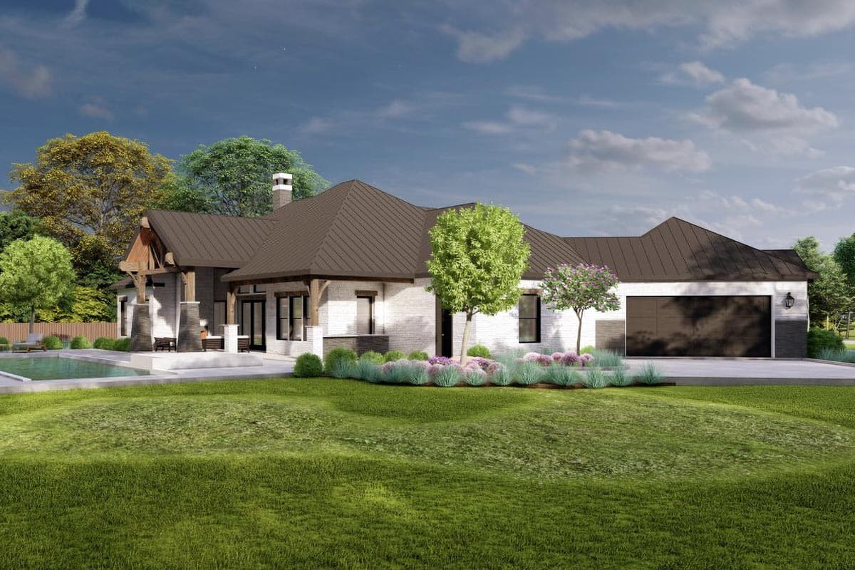 House plan exterior of a single-story Modern Farmhouse with a metal roof, large covered porch, and attached two-car garage.