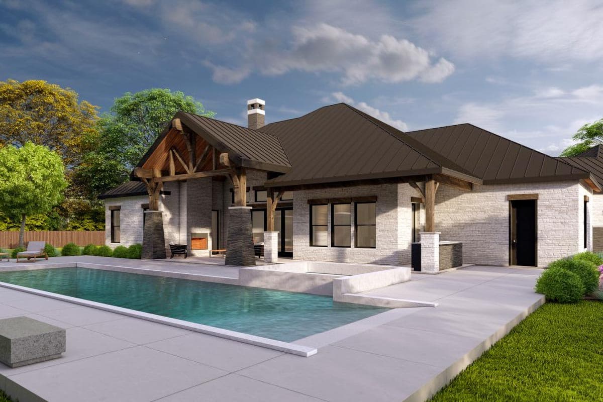 House plan exterior: Modern ranch with exposed wood beams, metal roof, stone accents, and swimming pool.