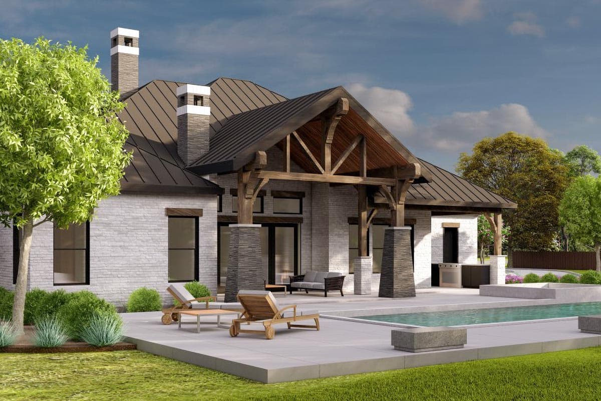 House plan exterior: Modern style, white brick, metal roof, prominent timber-framed porte-cochere, stone chimneys.