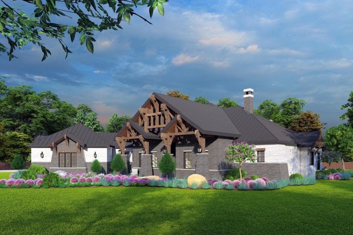 House plan exterior: Single-story Modern Farmhouse with stone and white brick facade, exposed timber framing, and dark gabled rooflines.