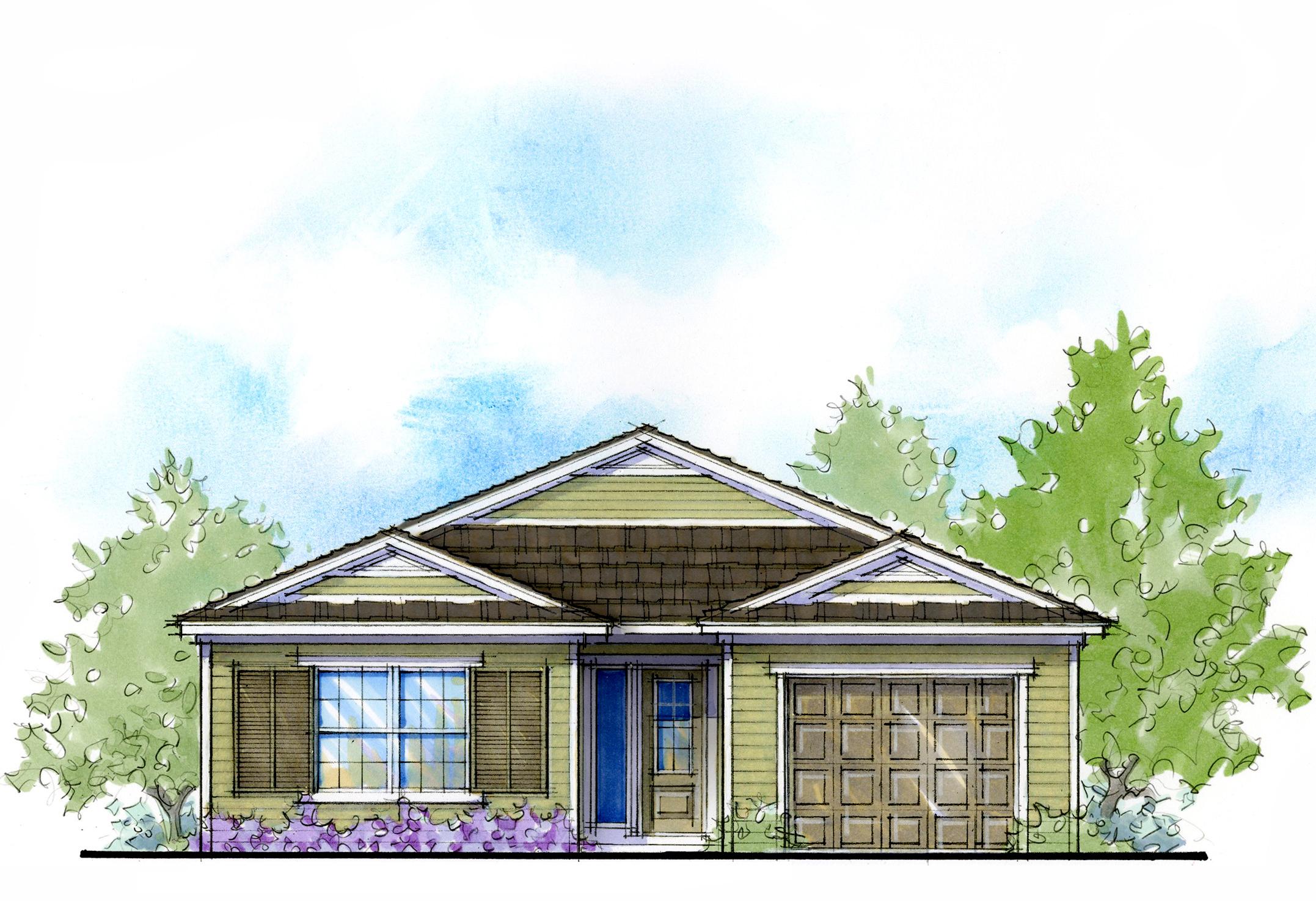 House plan exterior: One-story home with prominent gables, front-facing garage, and covered entry.