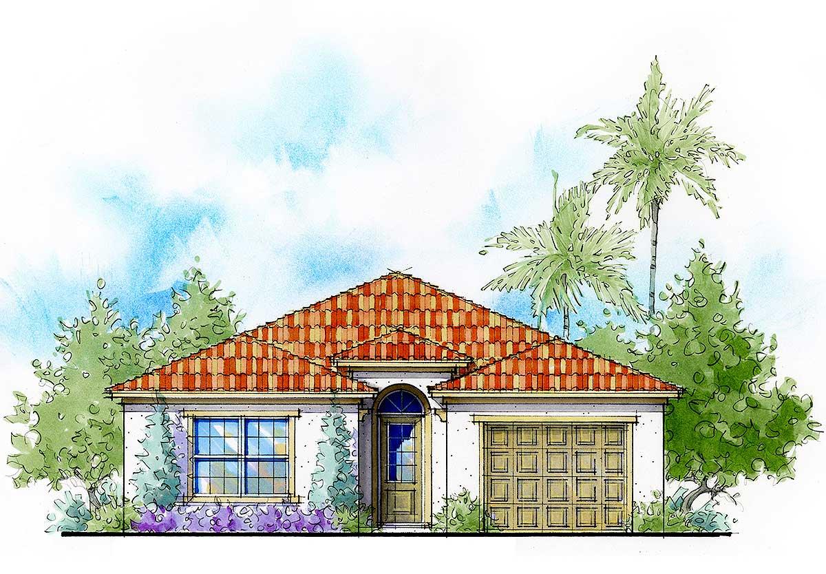House plan exterior: one-story residence with arched entryway, tile roof, and attached garage.