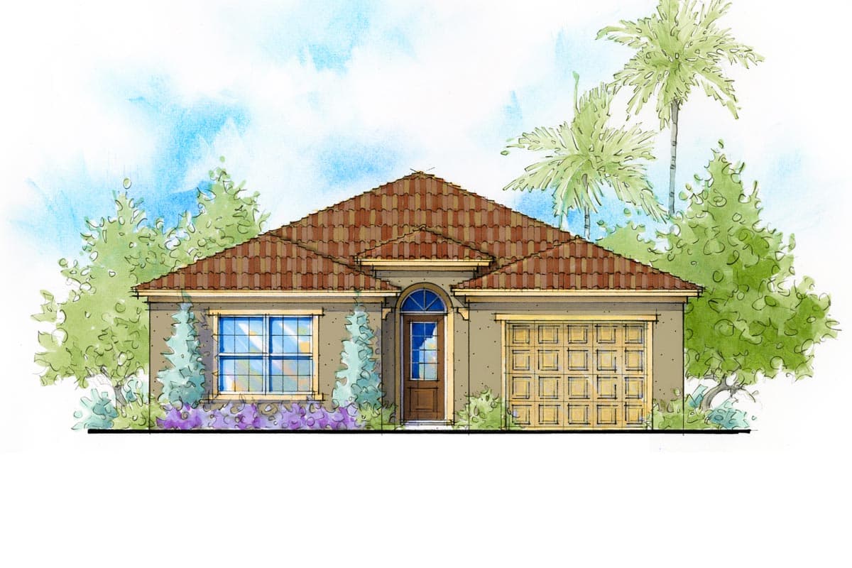 House plan exterior, one-story residence with a tile roof, arched entryway, and single-car garage.