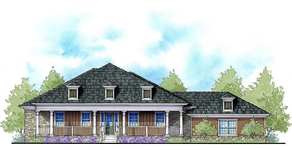 House plan exterior rendering of a one-story home with a full-width porch, stone accents, and three dormers.