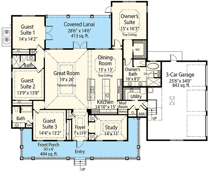 Plan 33168ZRX: 4 Bed House Plan Under 2900 Square Feet with 3-Car Garage - Floor Plan - Main Level - Country, Craftsman, Traditional