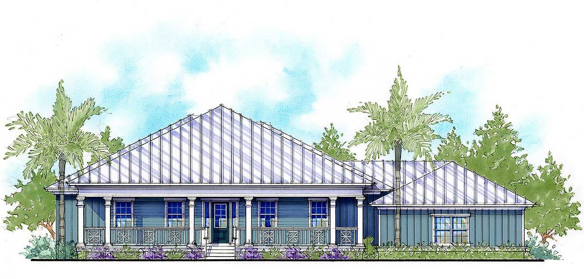 House plan exterior: Single-story coastal style with a wide front porch, metal roof, columns, and detailed railings.