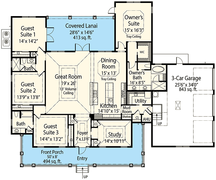 Plan 33170ZRX: 4 Beds Home Plan with 50'-Wide Front Porch - Floor Plan - Main Level