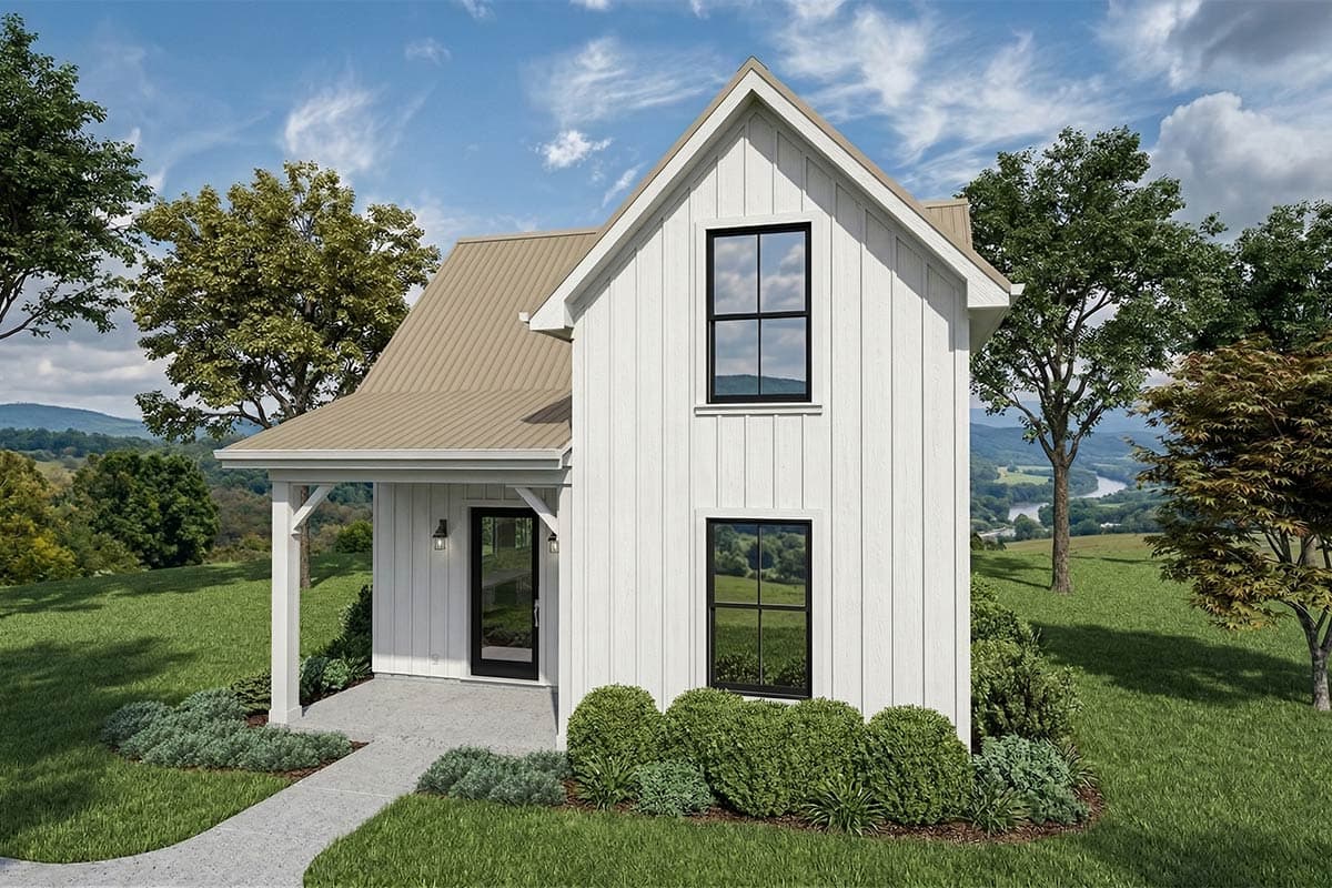 Modern Farmhouse house plan exterior with board and batten siding, metal roof, gable, and covered front porch.