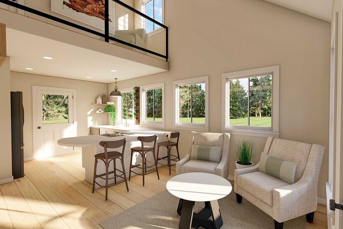 Interior rendering showing open-concept living with kitchen island, bar seating, and two armchairs.