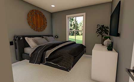 Bedroom interior rendering with a bed, dresser, mounted TV, and a window overlooking a garden.