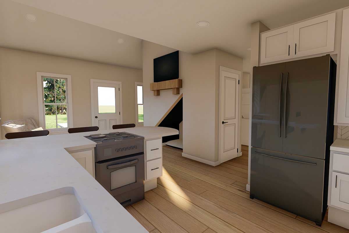 Kitchen rendering with white counters, gas range, island, stainless steel refrigerator, and view of stairs with TV.