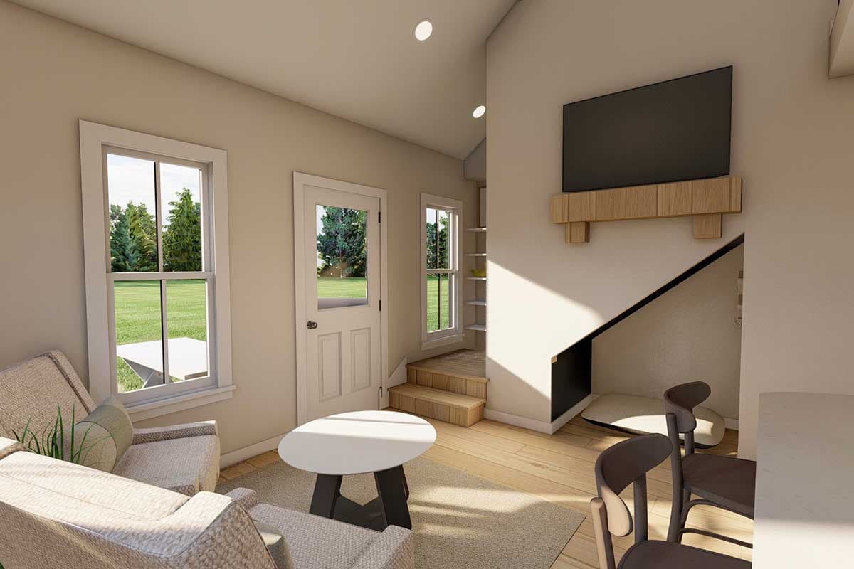 Interior rendering of a living area with a television mounted above a fireplace, stairs, and large windows.